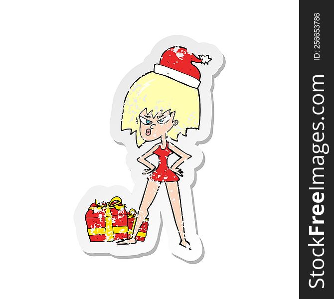 Retro Distressed Sticker Of A Cartoon Woman Angry At Christmas Present