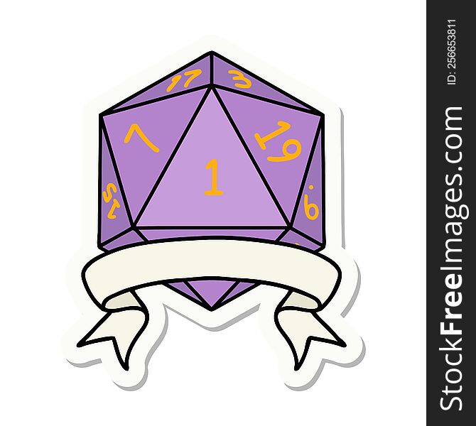 sticker of a natural one d20 dice roll. sticker of a natural one d20 dice roll