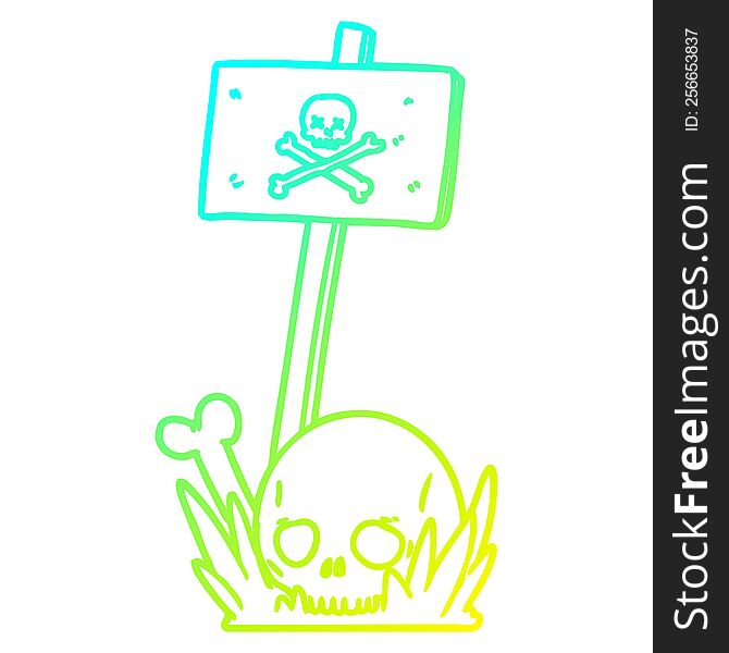 Cold Gradient Line Drawing Cartoon Skull Bones And Warning Sign