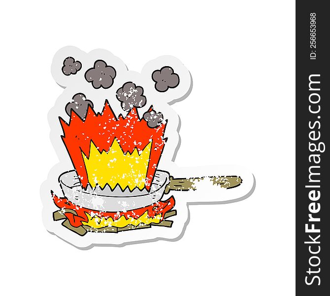 Retro Distressed Sticker Of A Cartoon Frying Pan On Fire