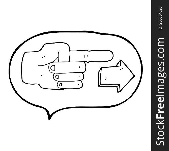 freehand drawn speech bubble cartoon pointing hand with arrow