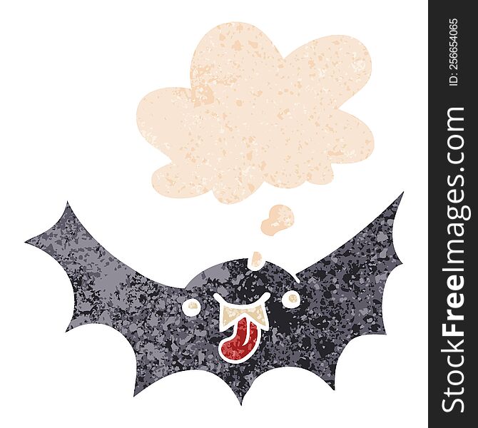 cartoon vampire bat and thought bubble in retro textured style