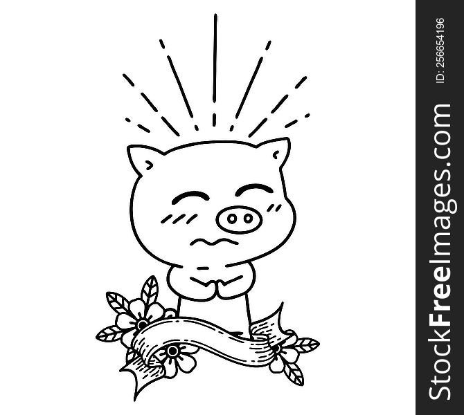 scroll banner with black line work tattoo style nervous pig character
