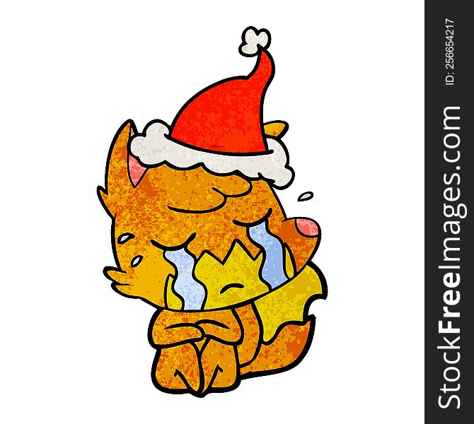 Crying Fox Textured Cartoon Of A Wearing Santa Hat