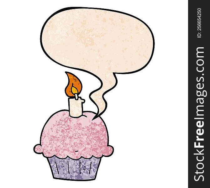cartoon birthday cupcake with speech bubble in retro texture style