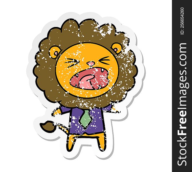 distressed sticker of a cartoon lion in business clothes