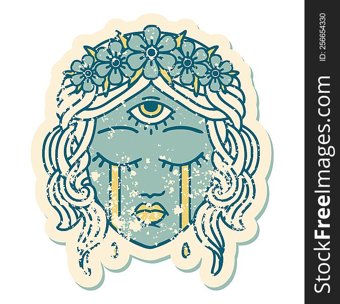iconic distressed sticker tattoo style image of female face with mystic third eye crying. iconic distressed sticker tattoo style image of female face with mystic third eye crying