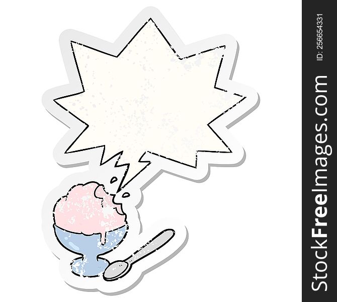 Cartoon Ice Cream Dessert In Bowl And Speech Bubble Distressed Sticker