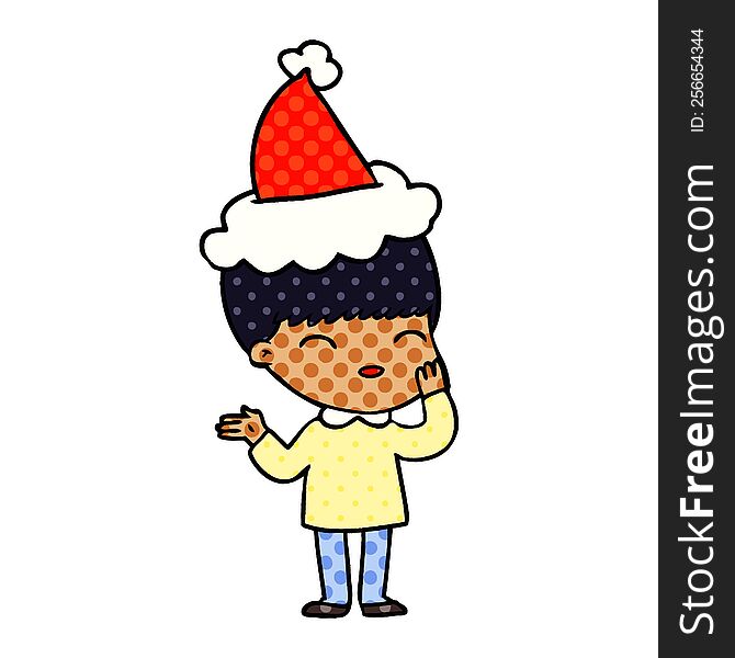 happy hand drawn comic book style illustration of a boy wearing santa hat. happy hand drawn comic book style illustration of a boy wearing santa hat