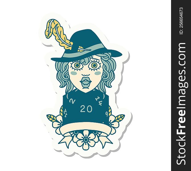 sticker of a human bard character with natural 20 dice roll. sticker of a human bard character with natural 20 dice roll
