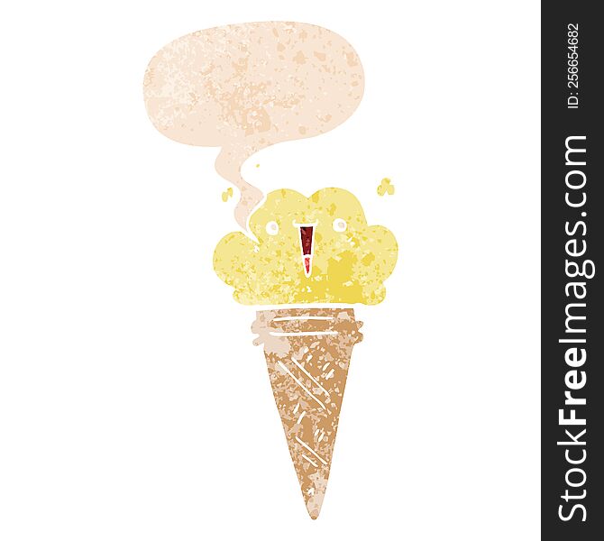 Cartoon Ice Cream With Face And Speech Bubble In Retro Textured Style