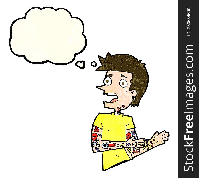 cartoon man with tattoos with thought bubble