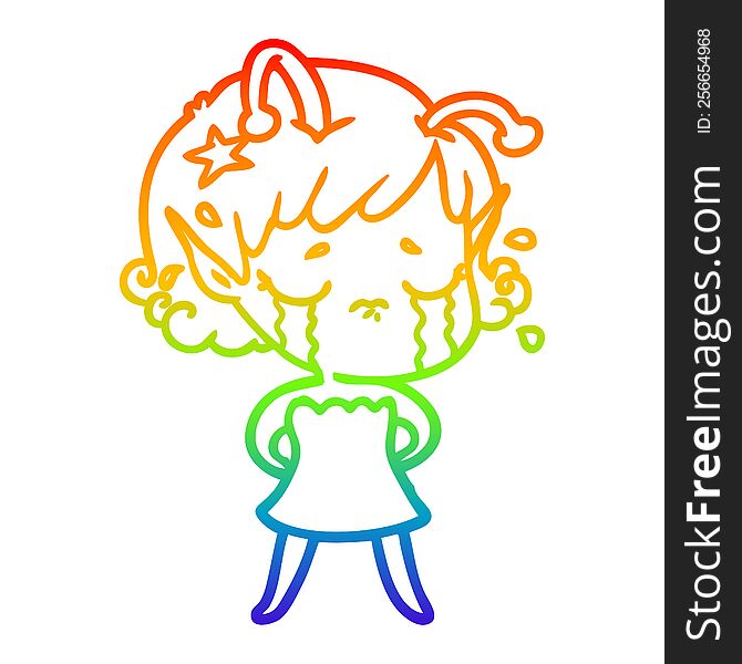 Rainbow Gradient Line Drawing Cartoon Crying Alien Girl
