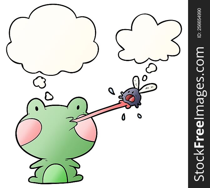 Cartoon Frog Catching Fly And Thought Bubble In Smooth Gradient Style