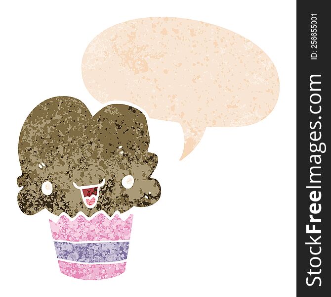 cartoon cupcake with face and speech bubble in retro textured style