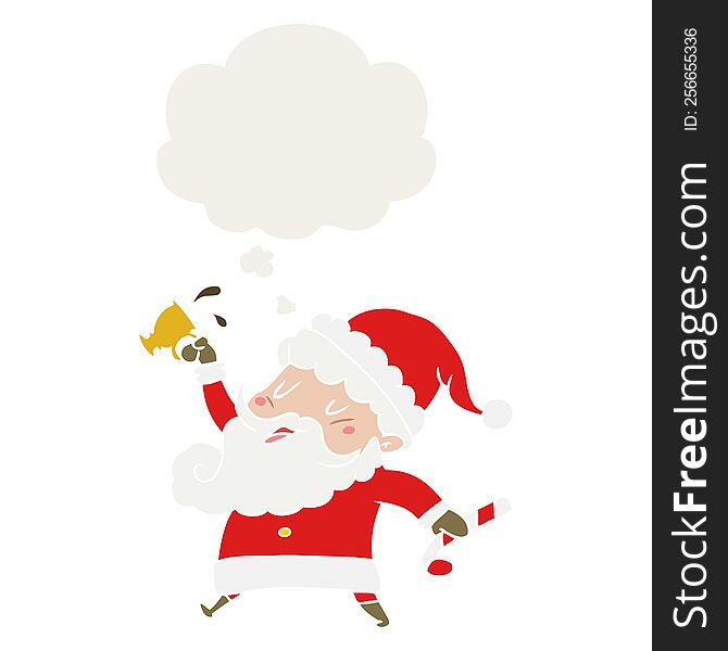 cartoon santa claus with hot cocoa with thought bubble in retro style