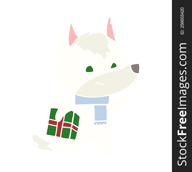 friendly flat color style cartoon christmas wolf