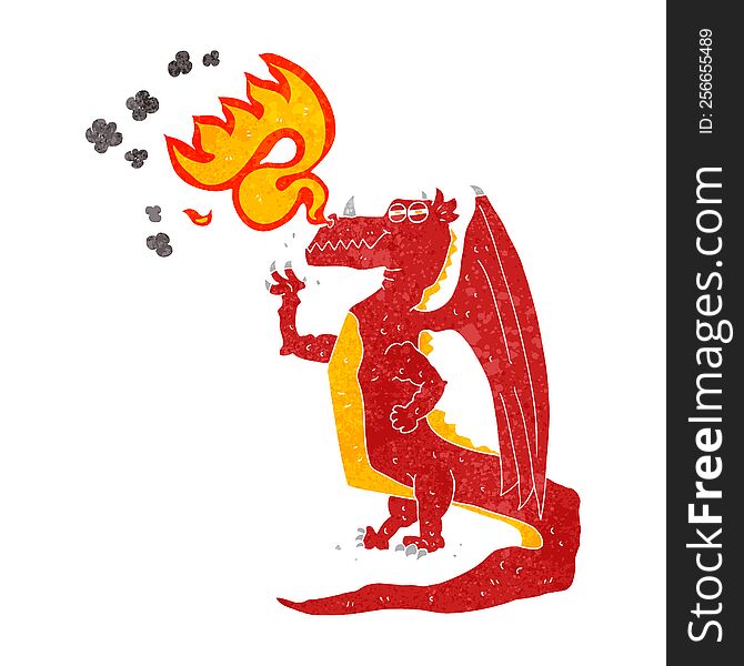 freehand retro cartoon happy dragon breathing fire
