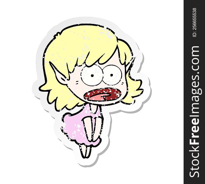 Distressed Sticker Of A Cartoon Shocked Elf Girl