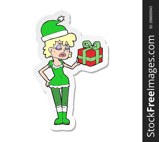 Sticker Of A Santas Helper With Christmas Present