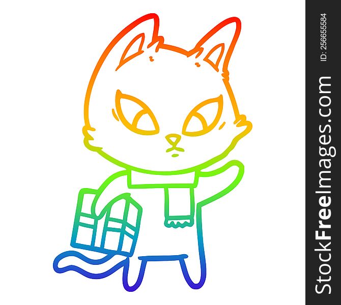 Rainbow Gradient Line Drawing Confused Cartoon Cat