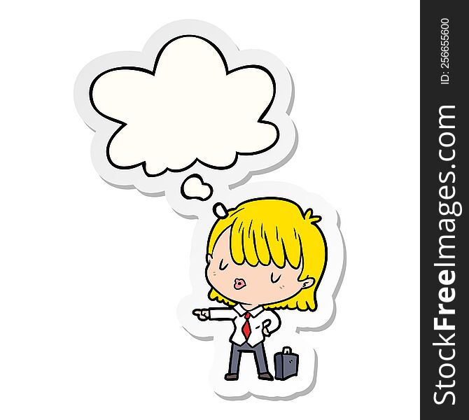cartoon efficient businesswoman with thought bubble as a printed sticker