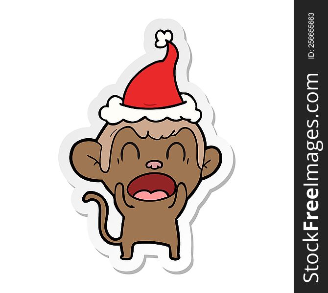 shouting hand drawn sticker cartoon of a monkey wearing santa hat. shouting hand drawn sticker cartoon of a monkey wearing santa hat