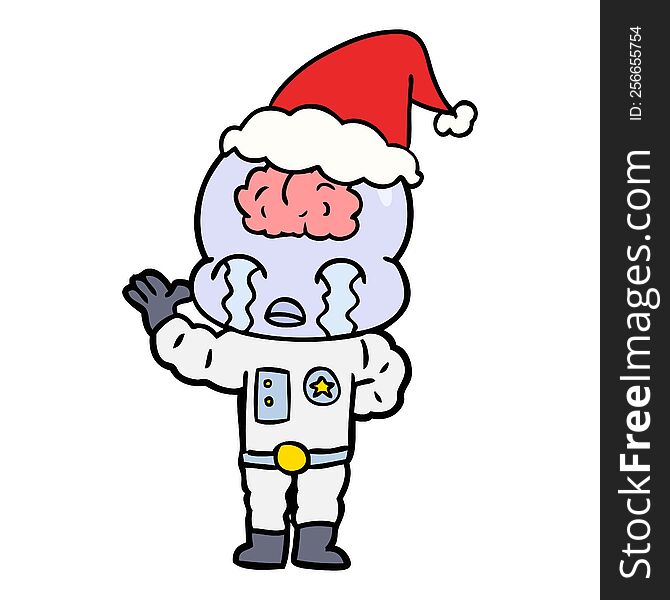 line drawing of a big brain alien crying wearing santa hat