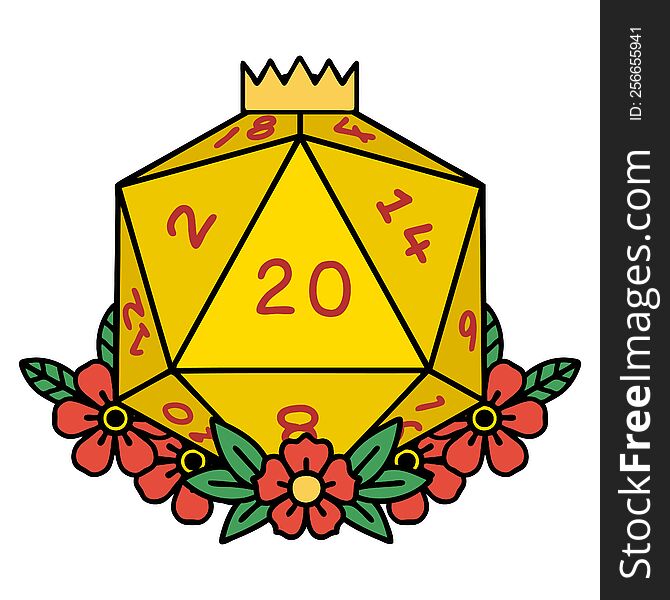 natural 20 D20 dice roll with floral elements illustration