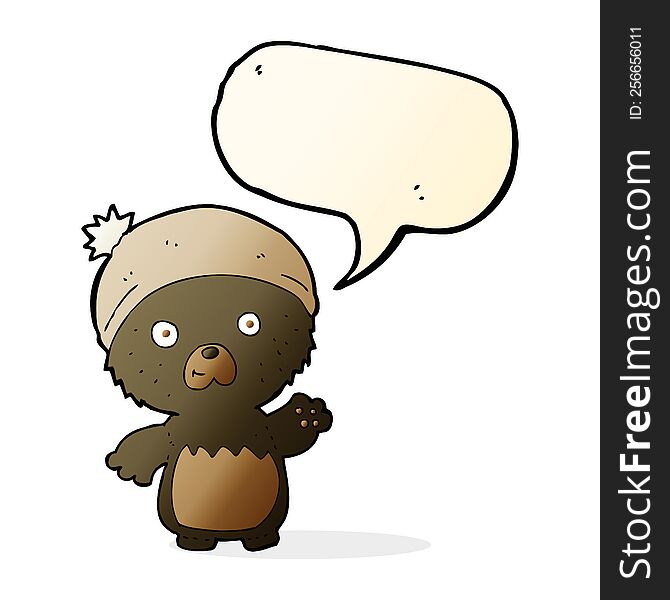 Cartoon Cute Teddy Bear In Hat With Speech Bubble