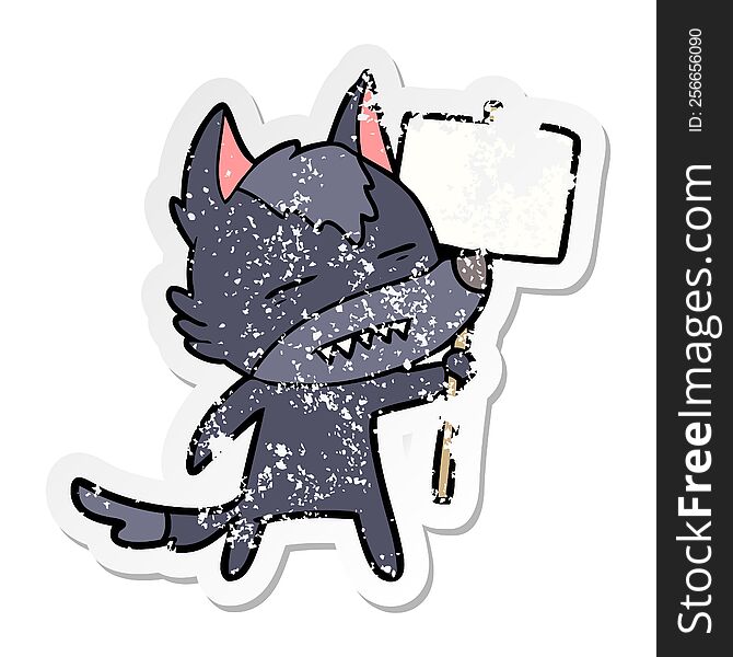 distressed sticker of a cartoon wolf with sign post showing teeth