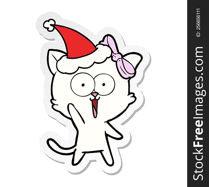 Sticker Cartoon Of A Cat Wearing Santa Hat