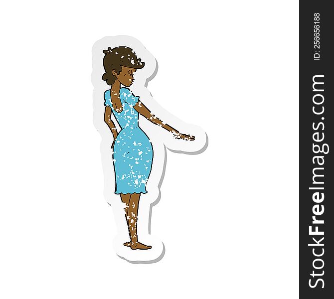 retro distressed sticker of a cartoon pretty woman looking at nails