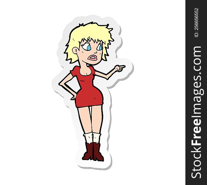 Sticker Of A Cartoon Worried Woman In Dress Pointing