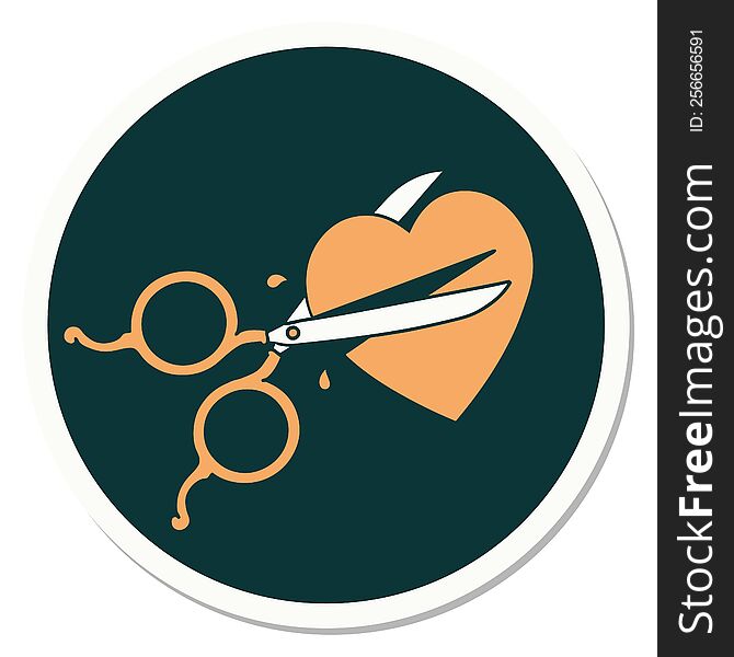 sticker of tattoo in traditional style of scissors cutting a heart. sticker of tattoo in traditional style of scissors cutting a heart