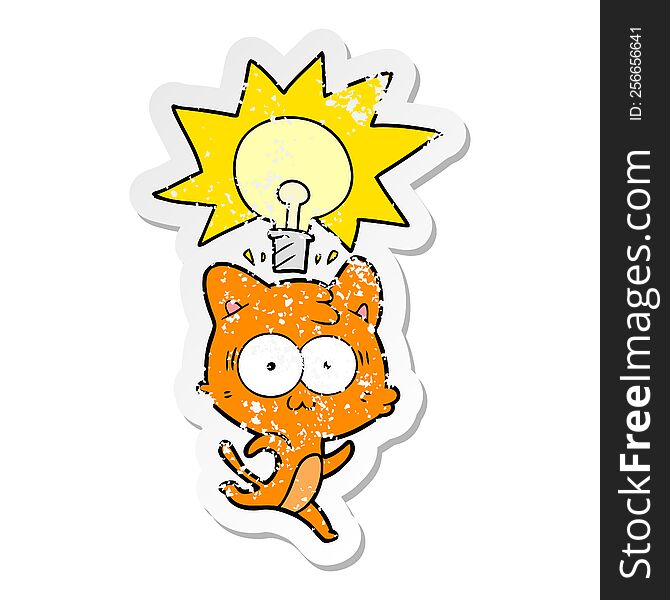 Distressed Sticker Of A Cartoon Cat With Idea