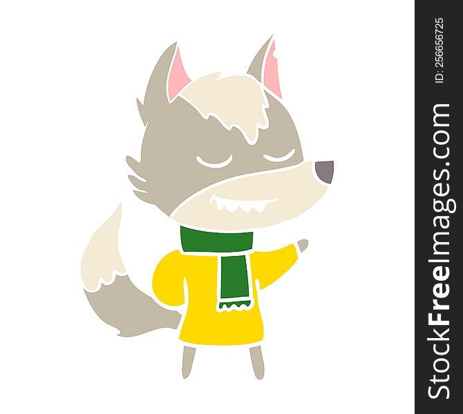 Friendly Flat Color Style Cartoon Wolf Wearing Scarf