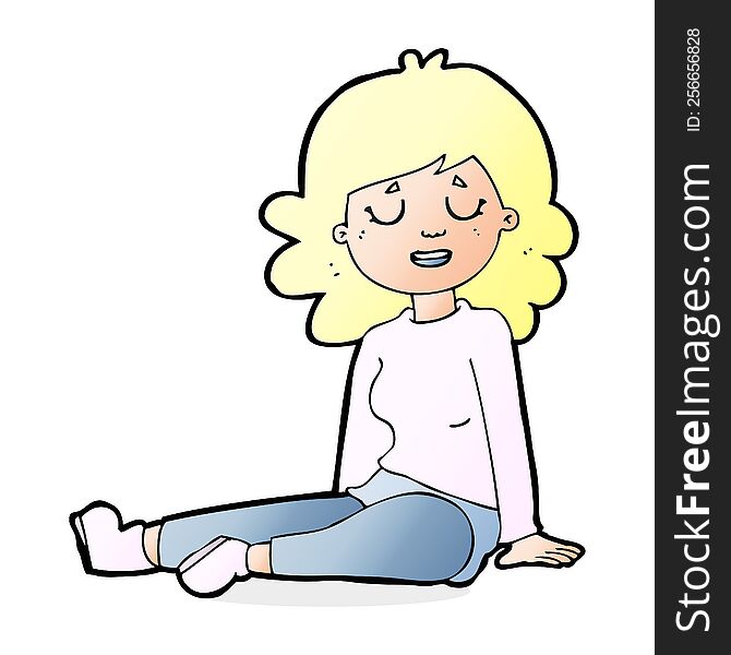 cartoon happy woman sitting on floor
