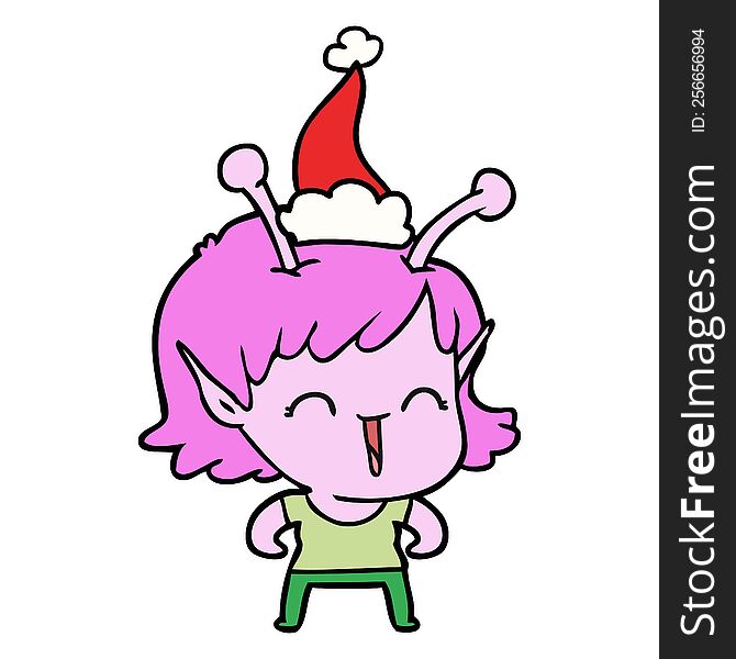 Line Drawing Of A Alien Girl Laughing Wearing Santa Hat