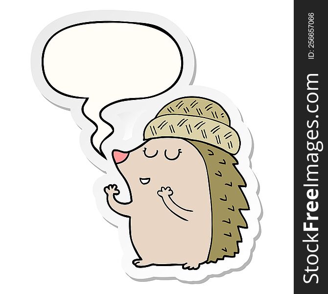 cartoon hedgehog wearing hat with speech bubble sticker