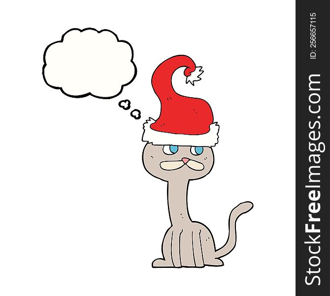 freehand drawn thought bubble cartoon cat wearing christmas hat