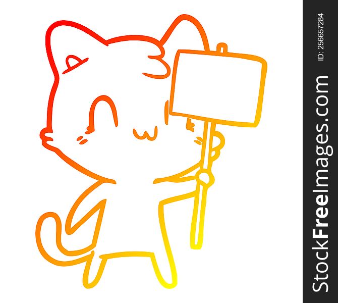warm gradient line drawing of a cartoon happy cat with blank sign