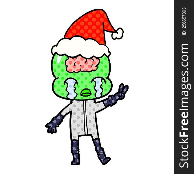 comic book style illustration of a big brain alien crying and giving peace sign wearing santa hat