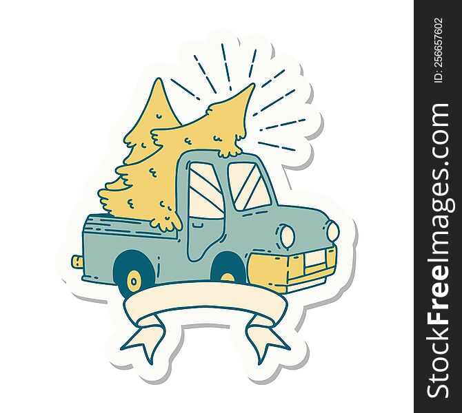 sticker of a tattoo style truck carrying trees