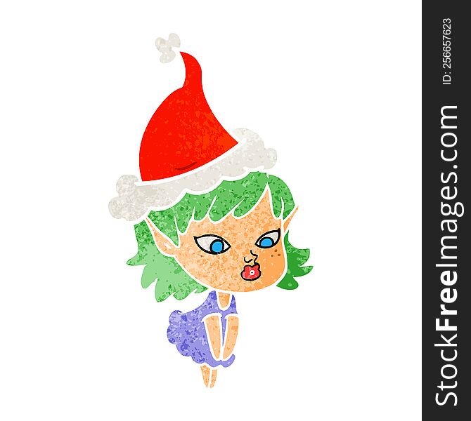 pretty hand drawn retro cartoon of a elf girl wearing santa hat. pretty hand drawn retro cartoon of a elf girl wearing santa hat