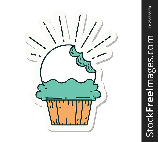 sticker of a tattoo style cupcake with missing bite