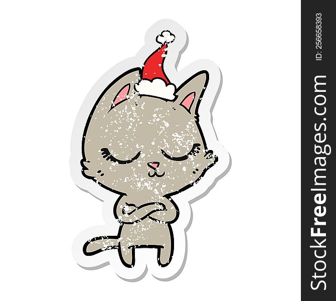 Calm Distressed Sticker Cartoon Of A Cat Wearing Santa Hat