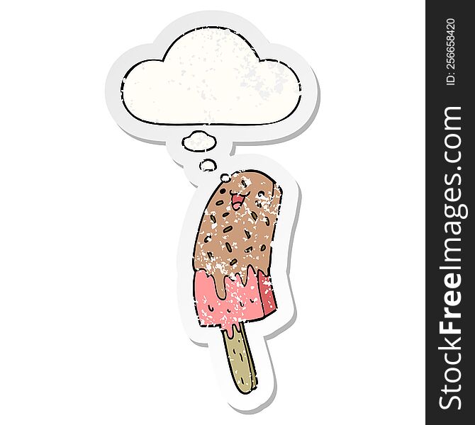 cute cartoon happy ice lolly with thought bubble as a distressed worn sticker