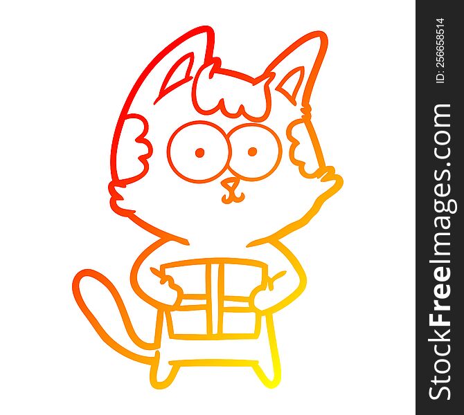 warm gradient line drawing of a happy cartoon cat with present