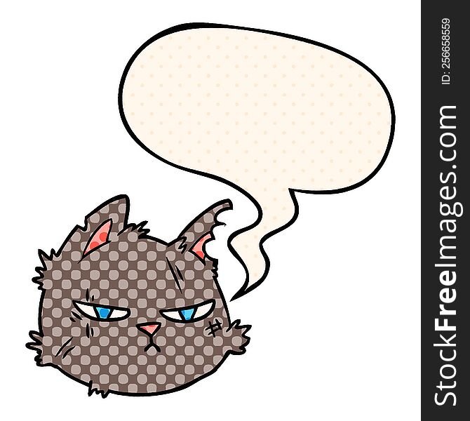 cartoon tough cat face with speech bubble in comic book style
